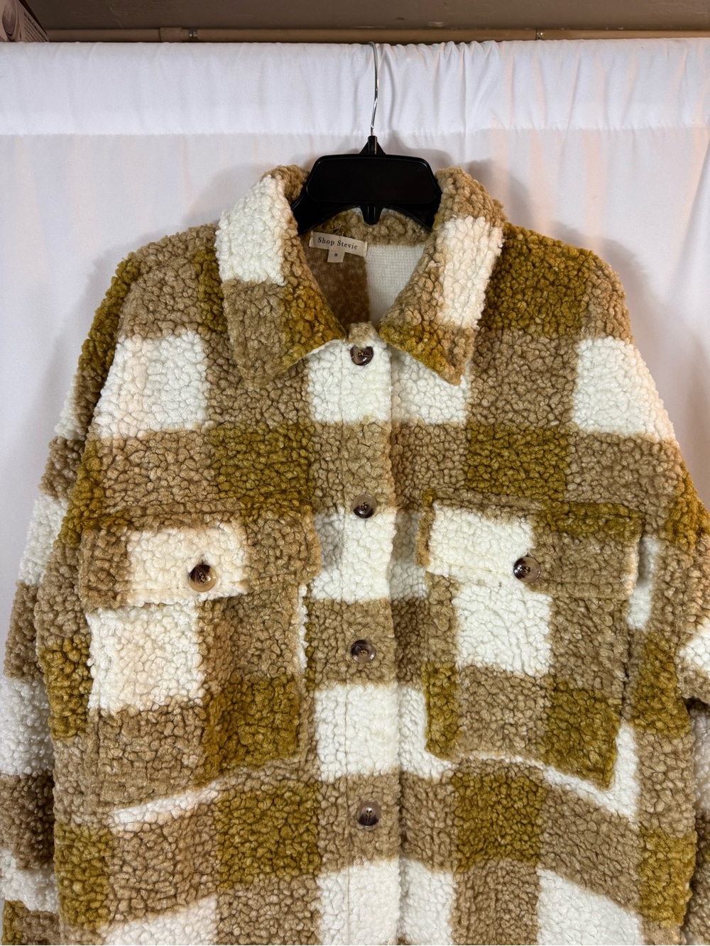 Shop Stevie Plaid Teddy Shacket in white & Tan size: S - Picture 4 of 14